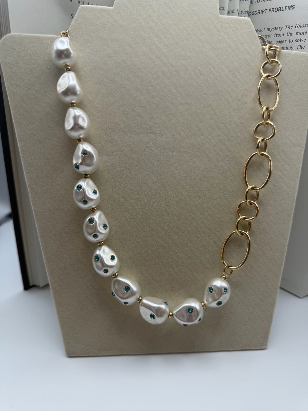 Nine West Half and Half Statement Necklace with White Pearls and Teal Accents